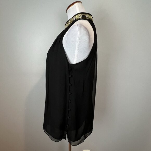 Milly New York Black Chiffon Blouse Size 8 Jeweled High Neckline Sleeveless Silk - Picture 9 of 13